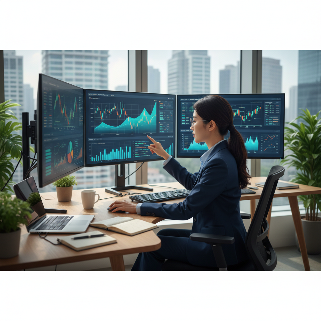 Professional financial analyst in a modern office looking at data visualizations, Korean appearance, bright balanced lighting, 4:3