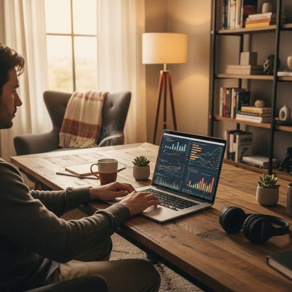A modern workspace with a person analyzing global market trends on a laptop, warm lighting, cozy office interior, focused atmosphere, lifestyle photography, no text