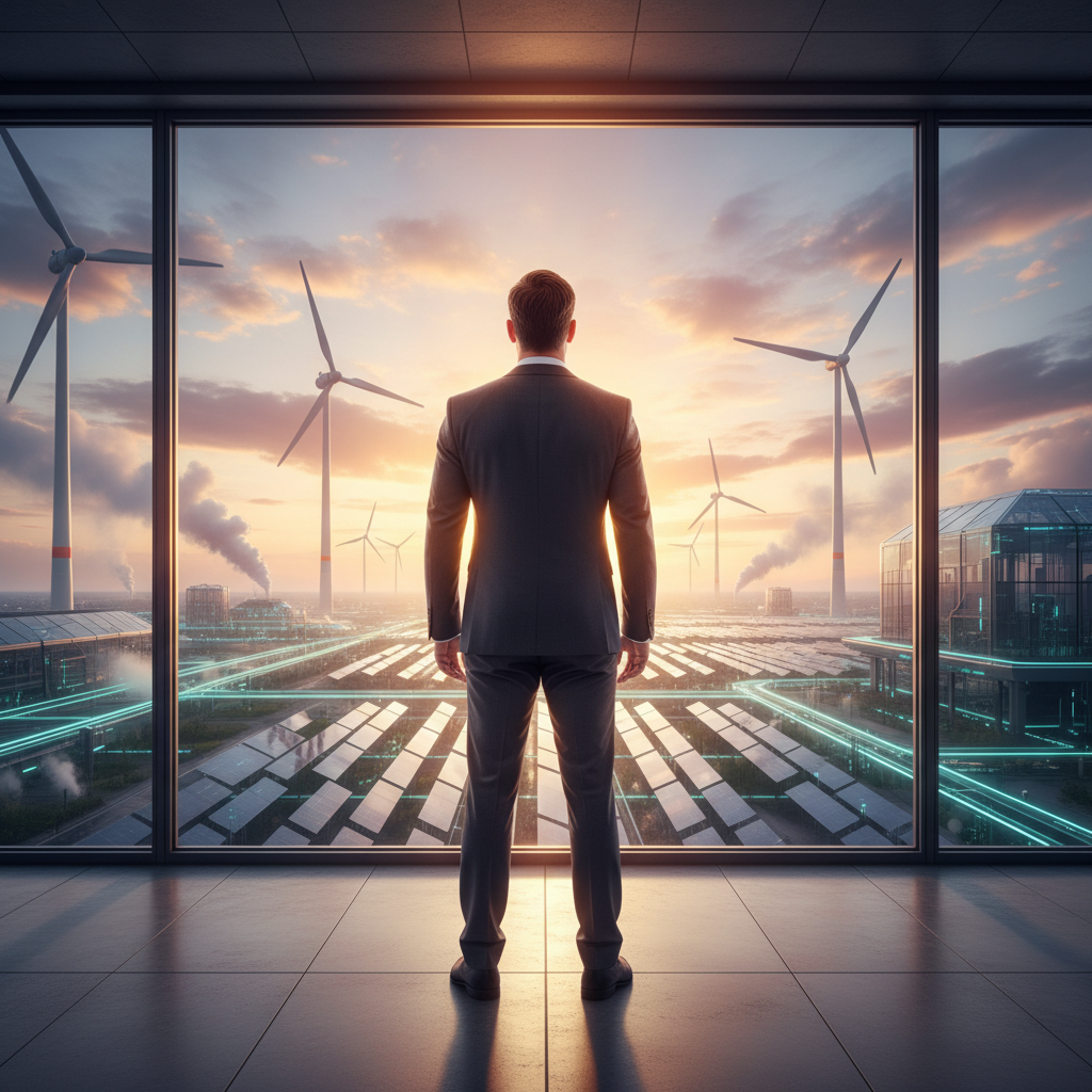 A wide shot of a man in a business suit looking out a window at a sunrise over a clean energy complex, hopeful atmosphere, rich colors, no text