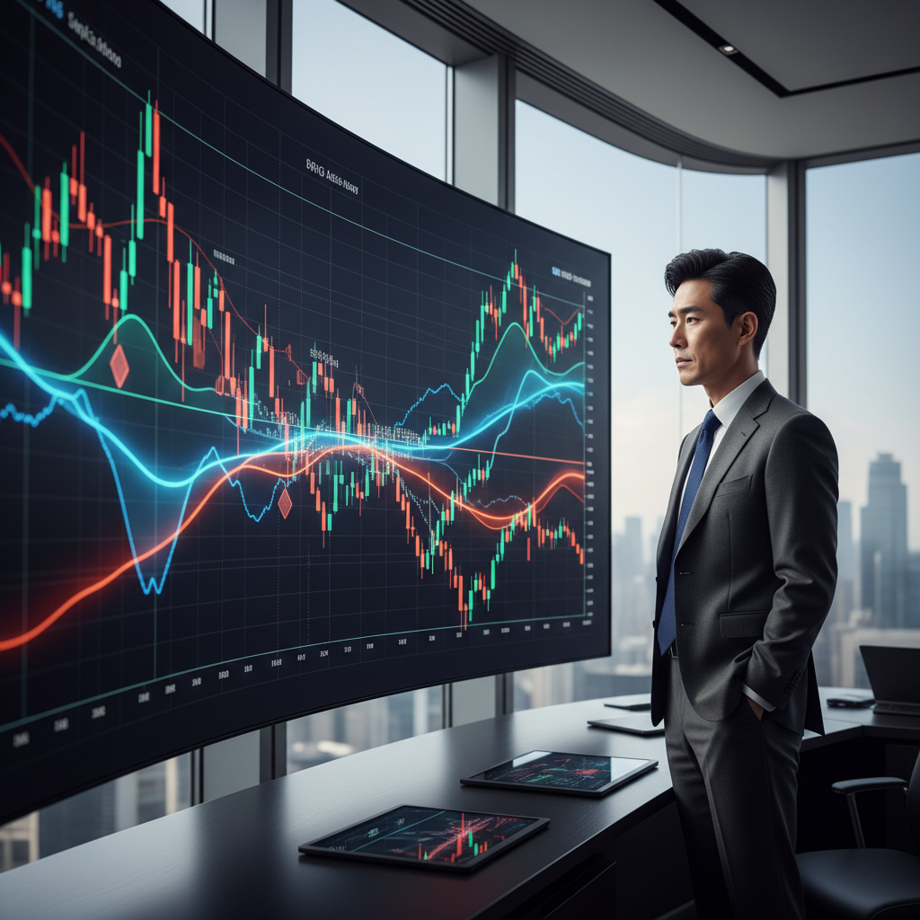 A professional investor looking at a large digital screen showing various global stock market trends, vibrant colors, modern office setting, Korean male appearance, high contrast, clean layout, no text
