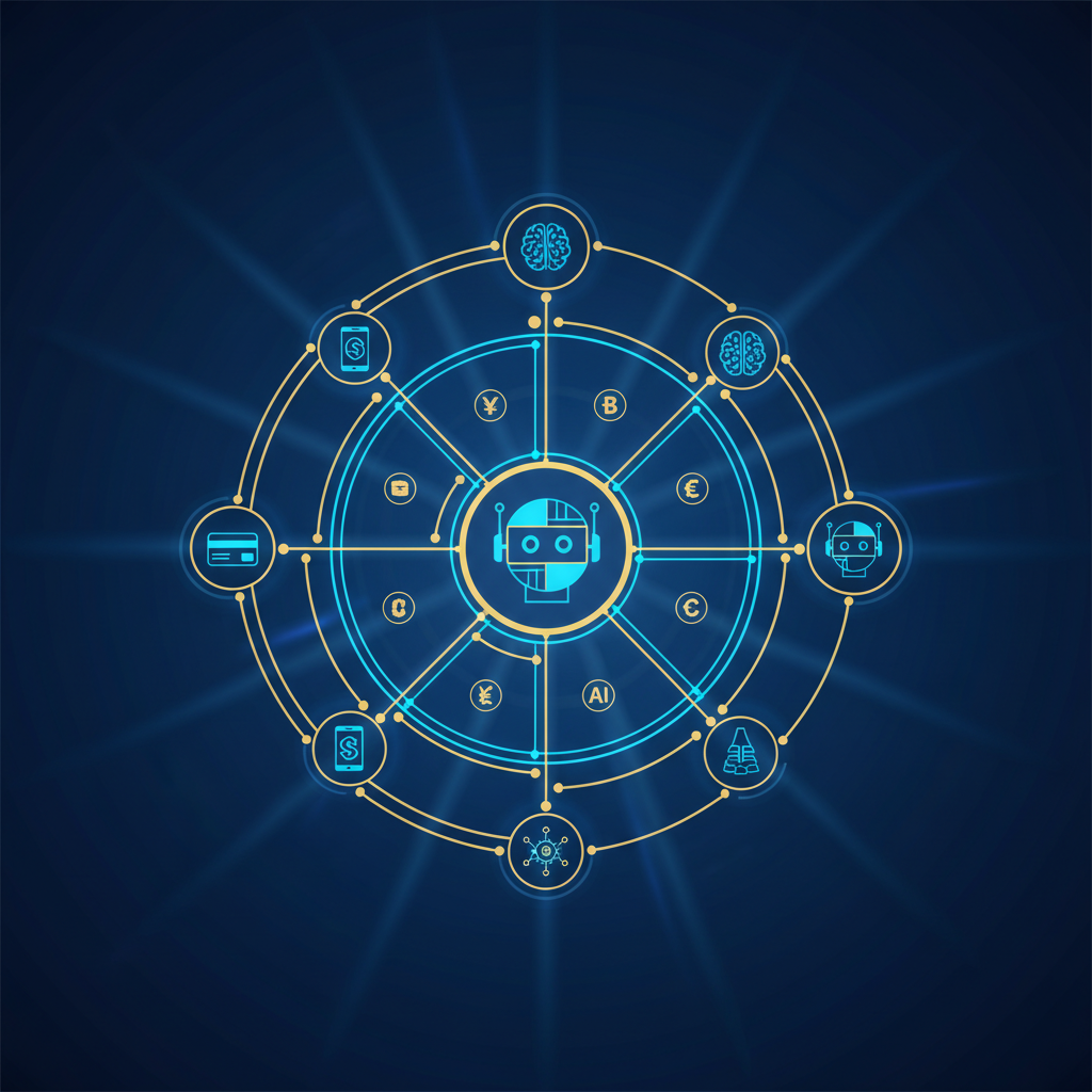 Abstract representation of global digital payment networks connecting with artificial intelligence icons, clean infographic style, high contrast, vibrant blue and gold background, no text