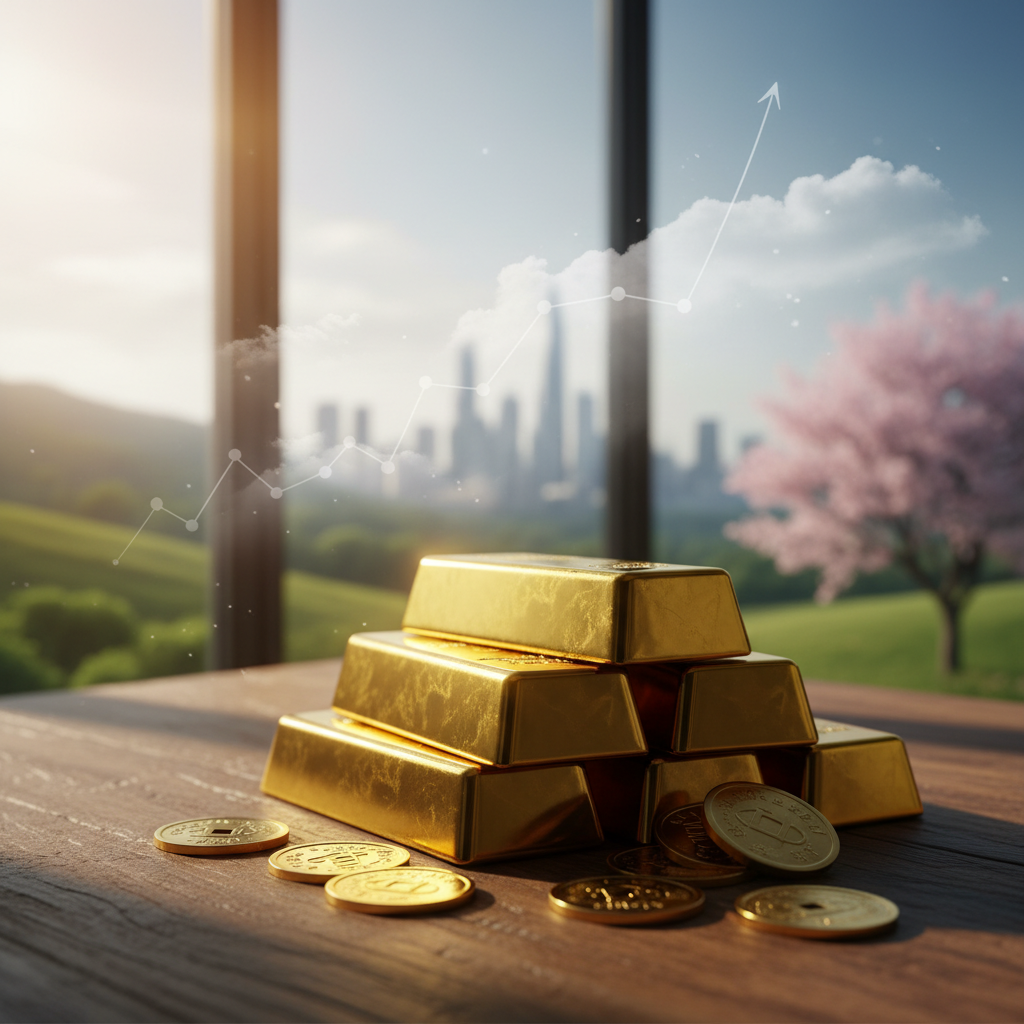 Realistic depiction of a gold bar or a stack of gold coins against a dynamic background that suggests economic growth and stability. The style should be like a lifestyle photography, warm lighting, natural setting, with a subtle upward trend graphic in the background. No text, no graphs or charts.