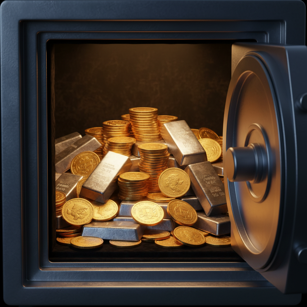A collection of gold coins and silver bullion in a safe box, luxurious lighting, rich metallic texture, professional composition, no text