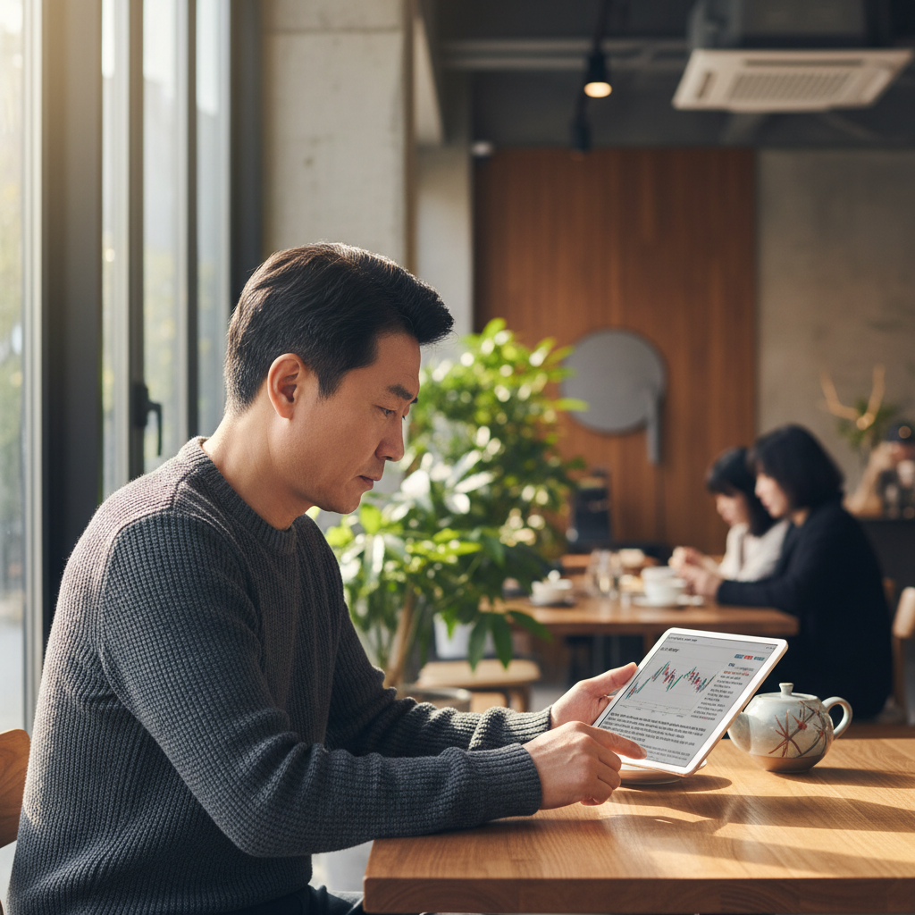 A middle aged Korean man looking at financial news on a tablet in a modern cafe, soft natural light, detailed environment, realistic style, no text
