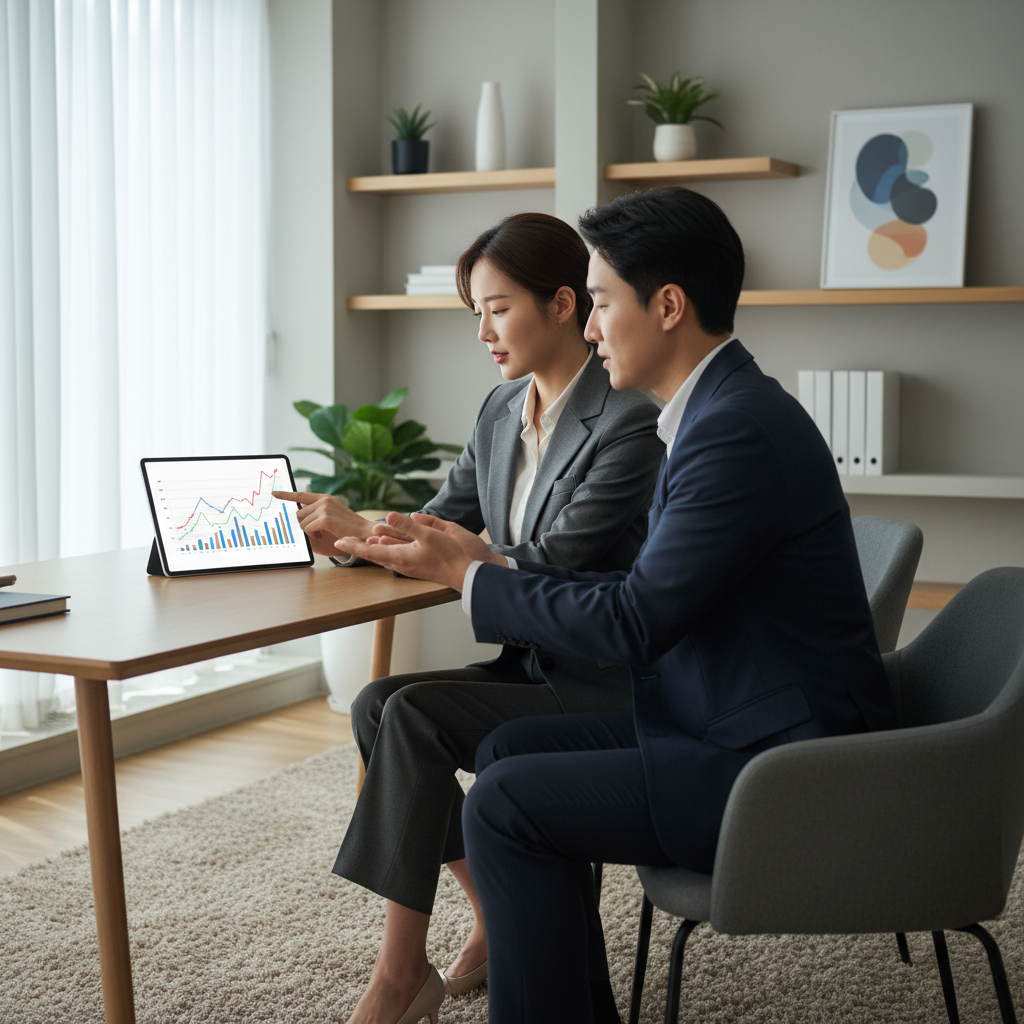 Two Korean professionals sitting in a modern office discussing market charts on a tablet, professional attire, soft natural light, clean interior, high contrast, no text