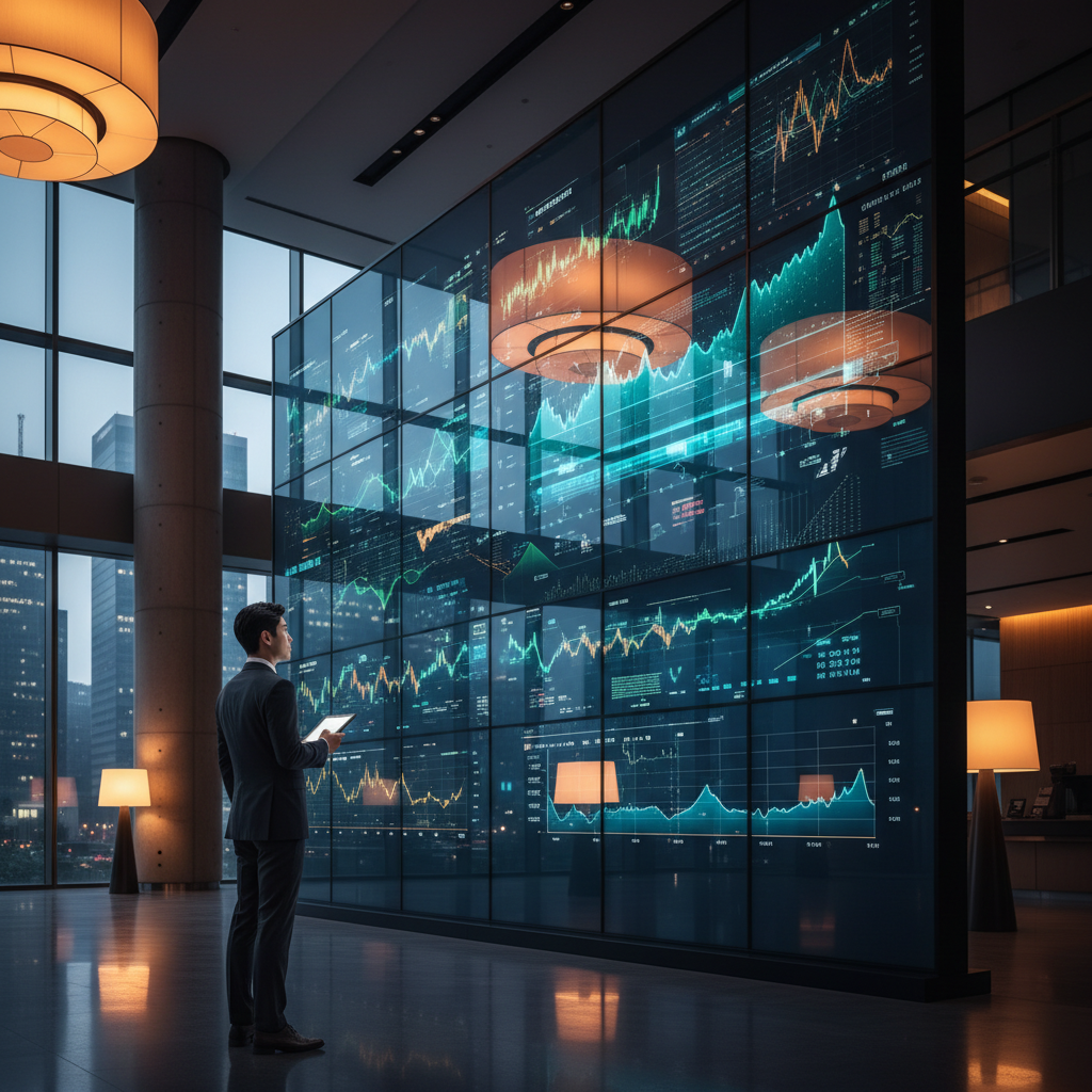 A digital screen in a modern financial center showing a stock market update about a major corporate merger, warm ambient lighting, Korean businessman looking at the monitor, lifestyle photography, high contrast, no text
