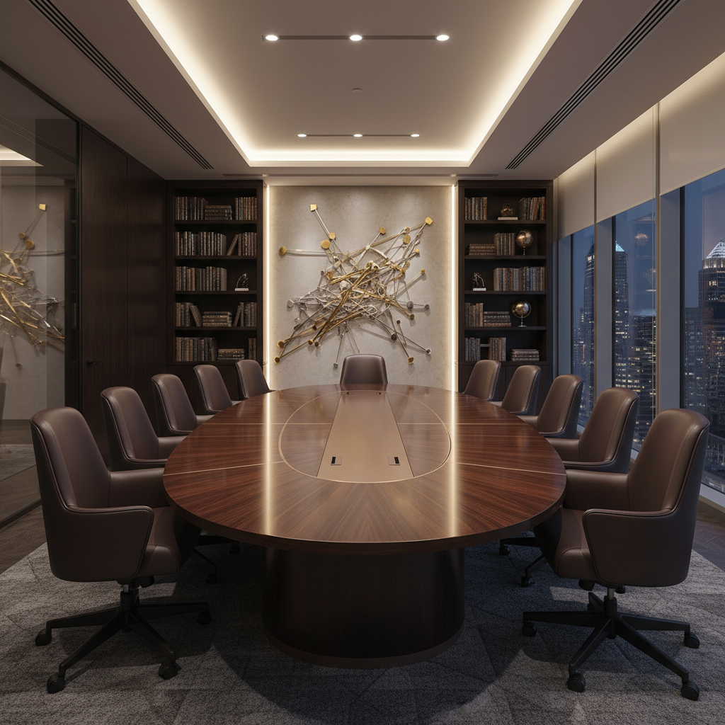 High-end corporate boardroom, sophisticated aesthetic, representing global finance and wealth, warm professional lighting, rich textures, no text