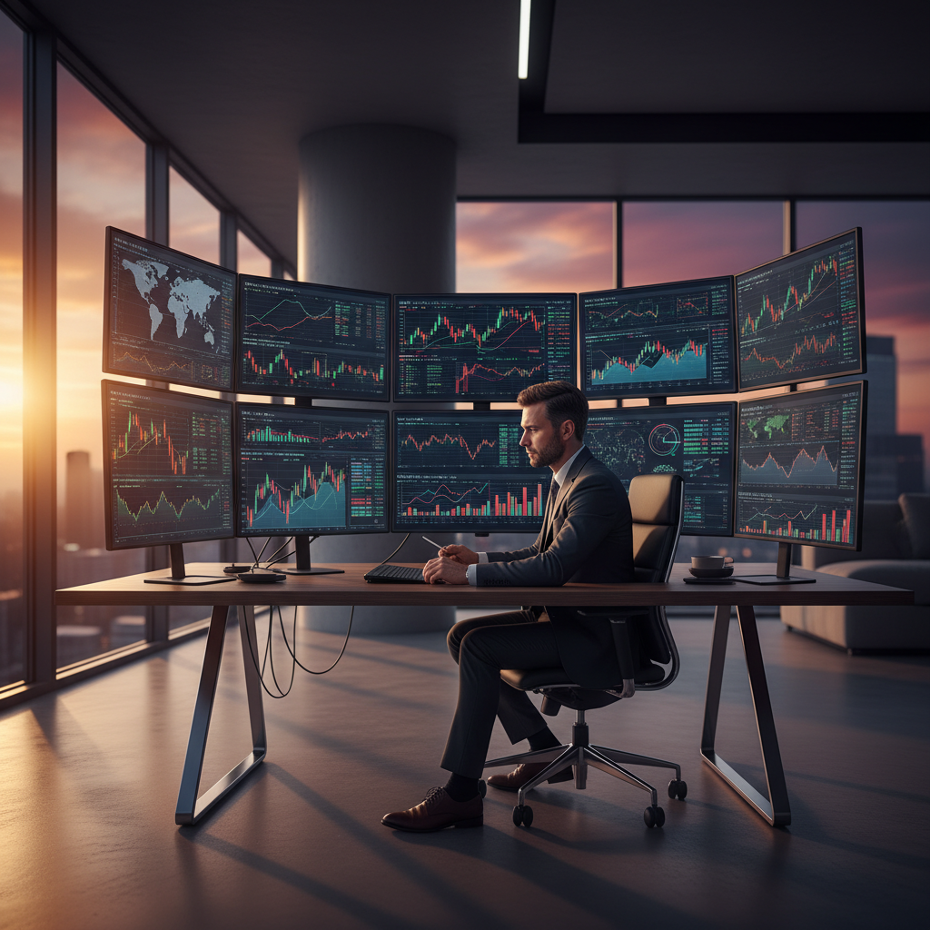 A professional investor analyzing financial market data on multiple screens in a modern office, warm sunset lighting, high contrast, clean layout, no text