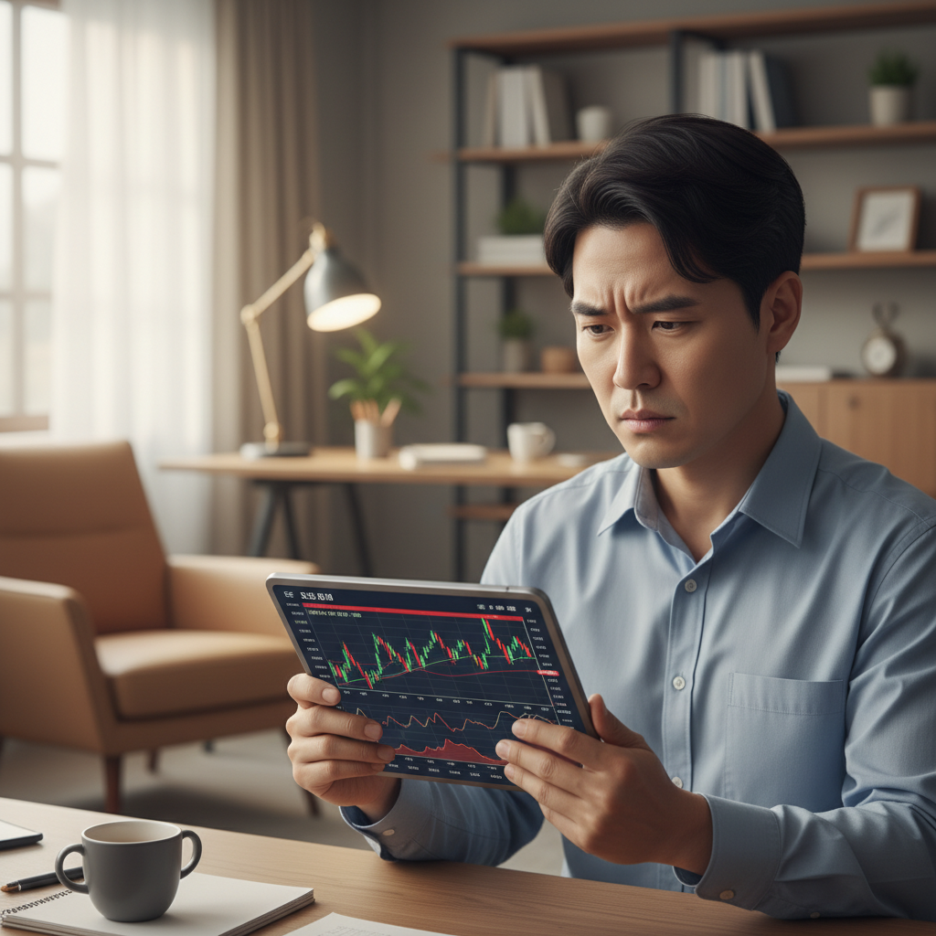 A serious news broadcast on a digital tablet screen showing fluctuating financial graphs, modern home office background, a Korean person looking focused and concerned, warm ambient lighting, no text