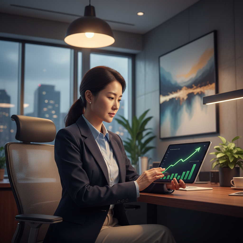 A professional financial analyst looking at a tablet showing a green upward trend line, modern office setting, warm lighting, Korean appearance, no text