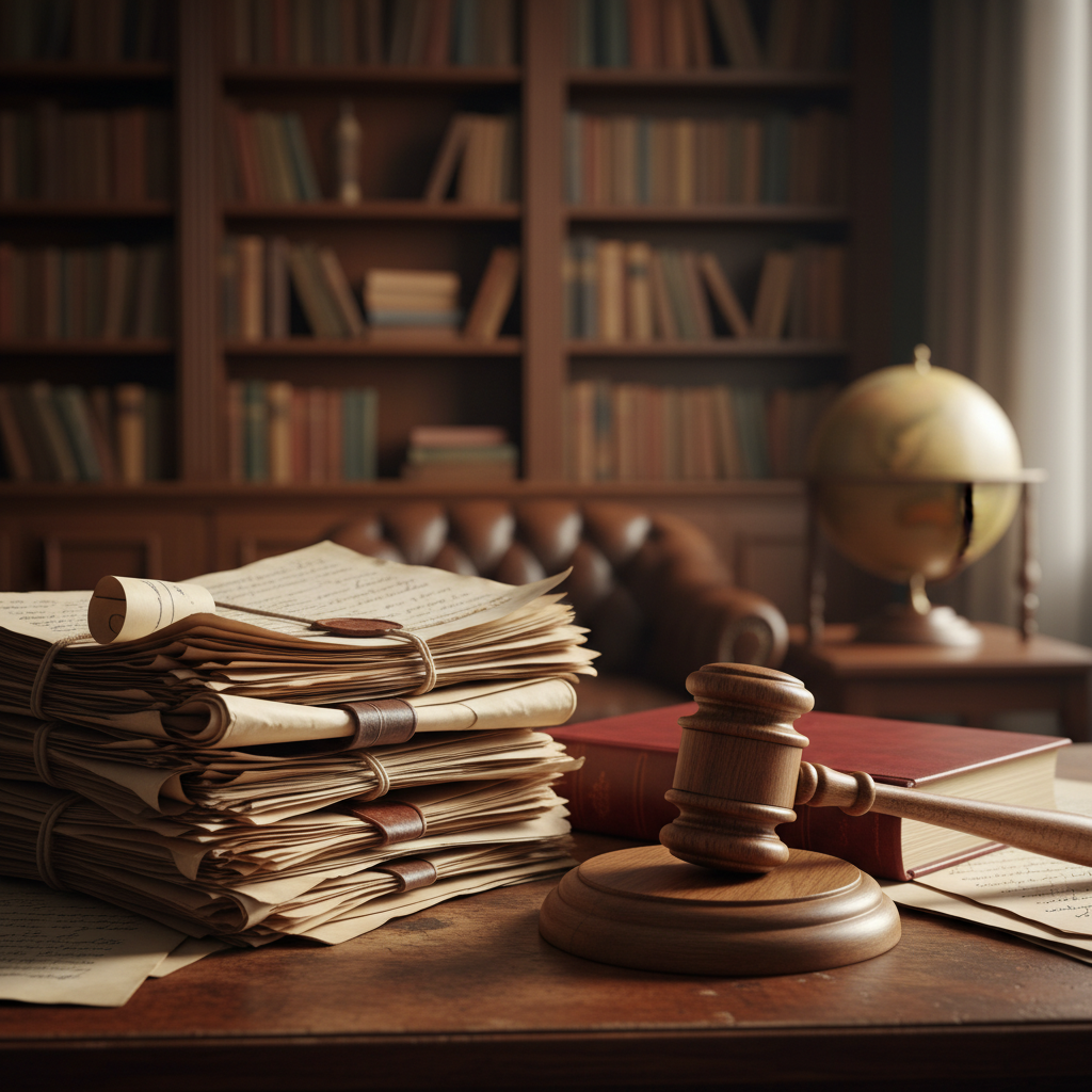 A stack of legal documents and a wooden gavel on a desk, symbolic of the law and investigation, lifestyle photography, high contrast, warm library background, no text