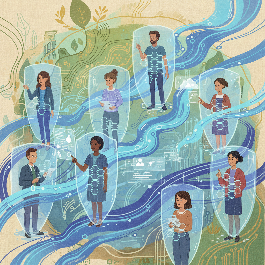 An artistic rendering showcasing technological advancements in a positive light, coexisting with strong privacy protection, represented by flowing data streams and individual figures. Style: illustration, artistic rendering, textured background. No text.