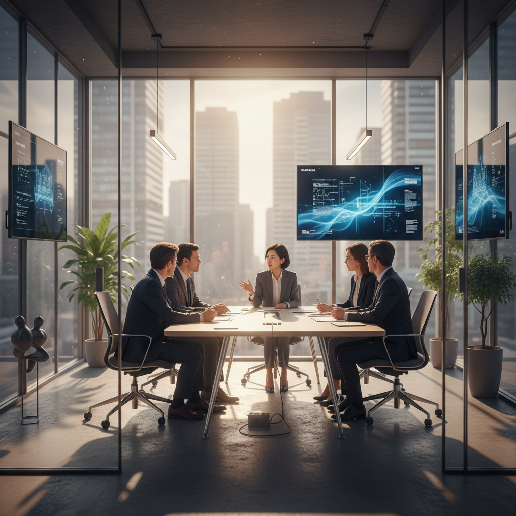 A diverse group of tech policy experts including a Korean man and woman discussing in a glass-walled conference room with digital screens, warm morning light, modern office setting, professional atmosphere, no text
