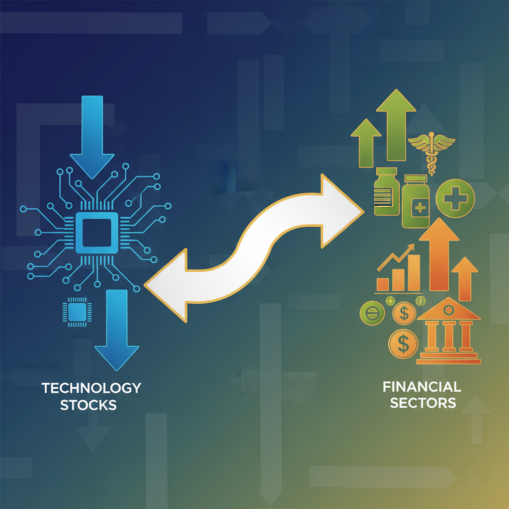A dynamic scene illustrating a shift from technology stocks to healthcare and financial sectors, with arrows indicating movement, clean infographic style, modern layout, high contrast, balanced lighting, abstract textured background, no text, 1:1 aspect ratio
