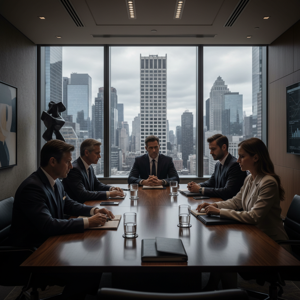 Professional board members in a high-end office meeting room, serious atmosphere, urban city view through window, modern business setting, high contrast, no text