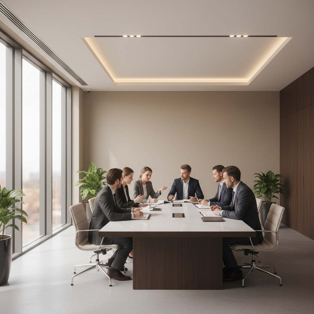 Professional business setting with a large conference table, soft natural lighting through big windows, modern aesthetic, professional people reviewing documents, solid warm-toned background, no text