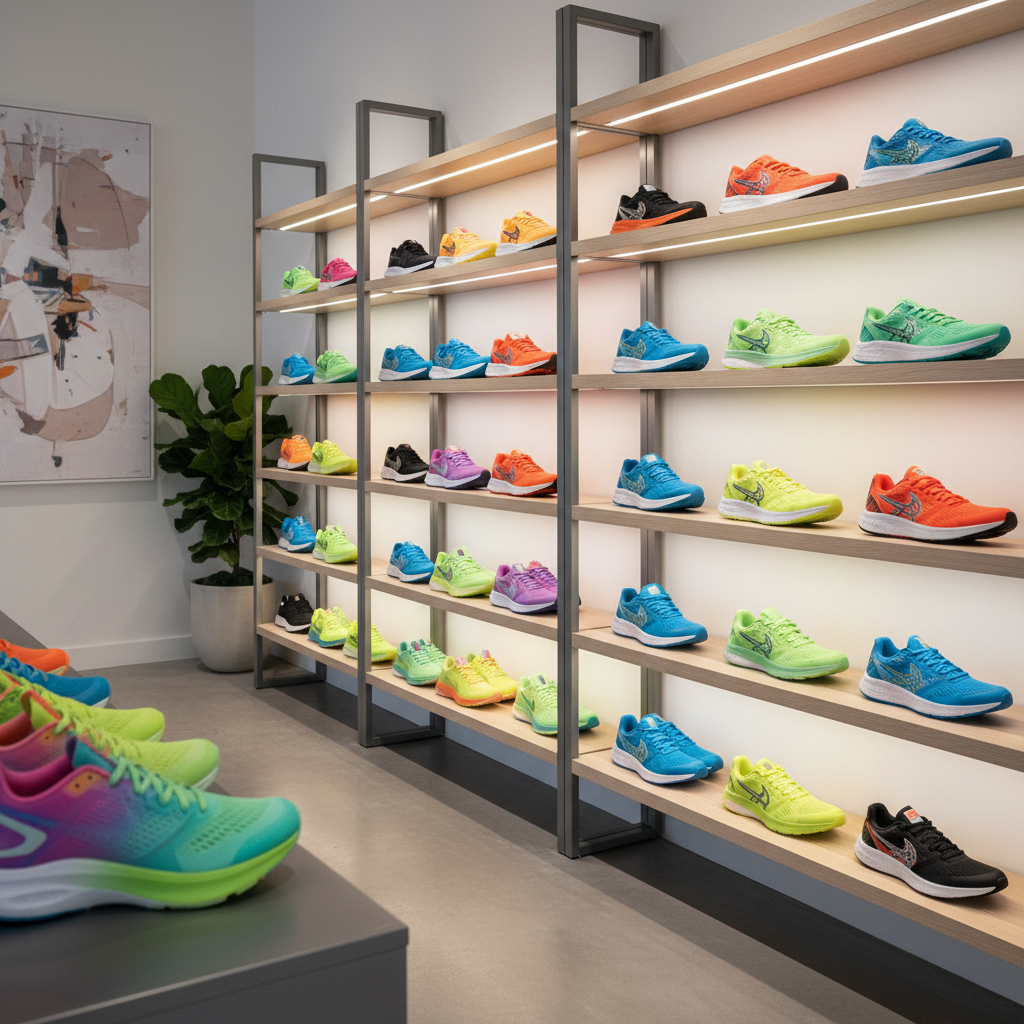 Neatly organized sneakers on display shelves, minimalist interior design, soft lighting, focus on colorful athletic shoes, modern lifestyle setting, high resolution