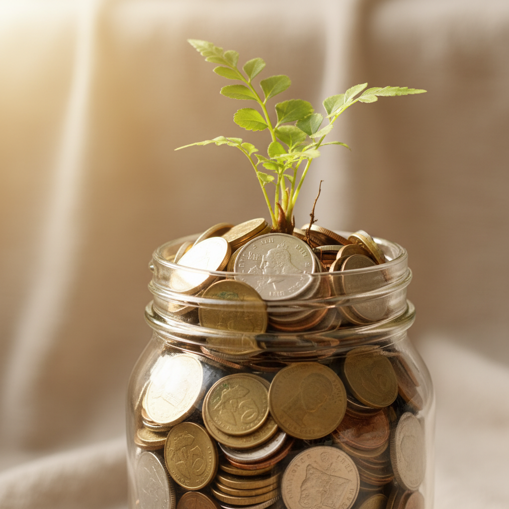 A small green plant growing out of a glass jar filled with coins, representing long term growth, natural light, soft textured background, no text