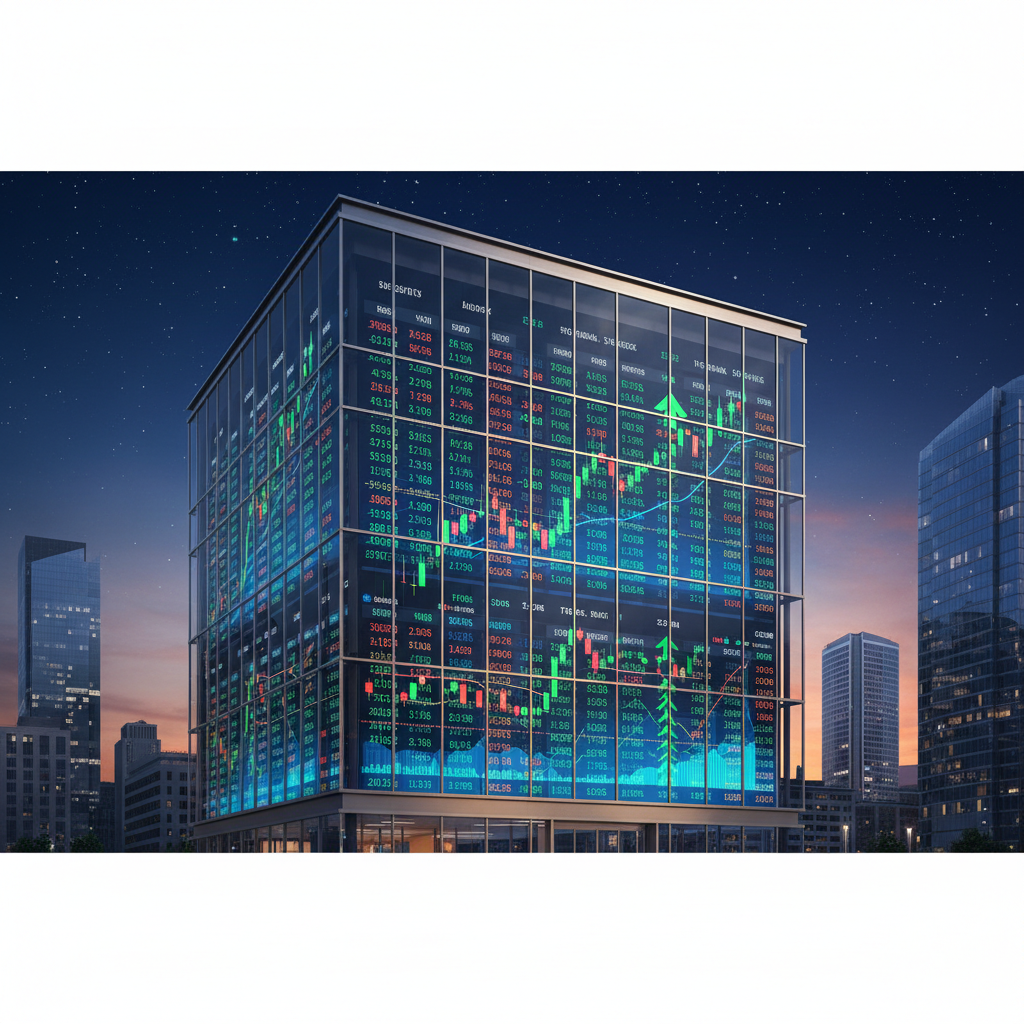 A modern stock exchange building with glowing digital displays of stock market charts and numbers, transitioning from daylight to night sky, high contrast, clean architectural photography, 4:3