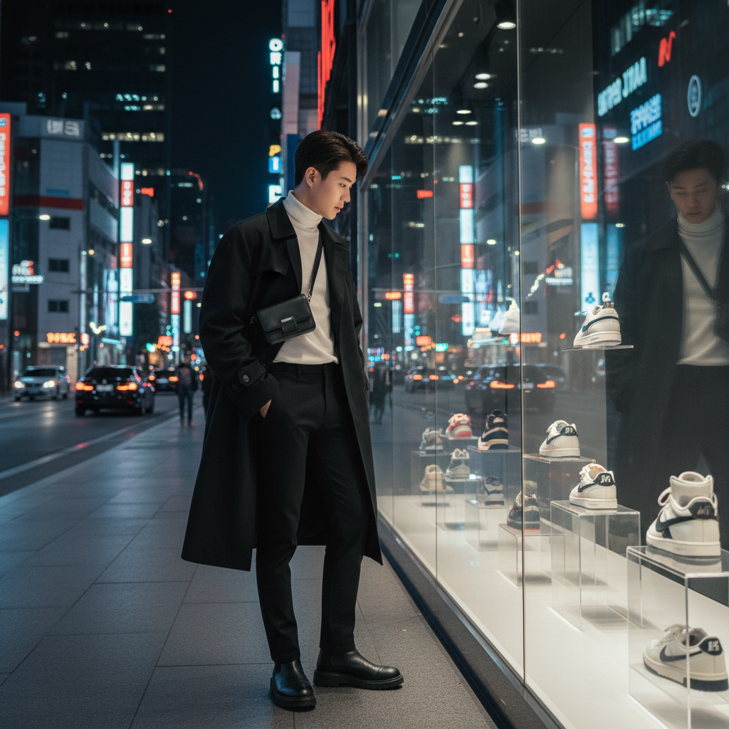 A stylish young Korean man looking at Nike shoes through a store window at night, city lights reflecting on the glass, cinematic lighting, modern urban setting, high quality photography, no text