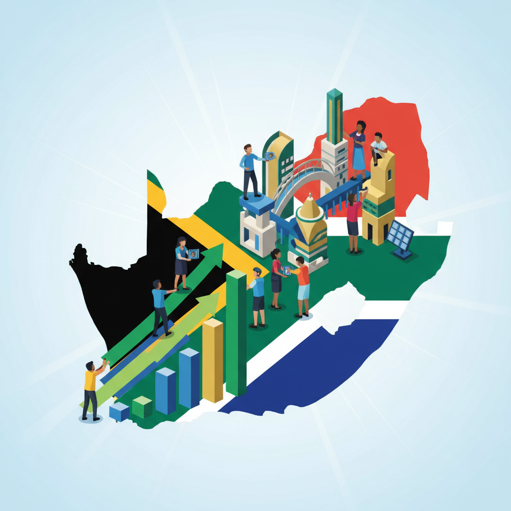 An illustrative infographic showing upward trending graphs and diverse groups of people collaboratively building structures, symbolizing economic growth and social progress in a harmonious South Africa. Style: clean infographic, modern layout, high contrast. No visible text.