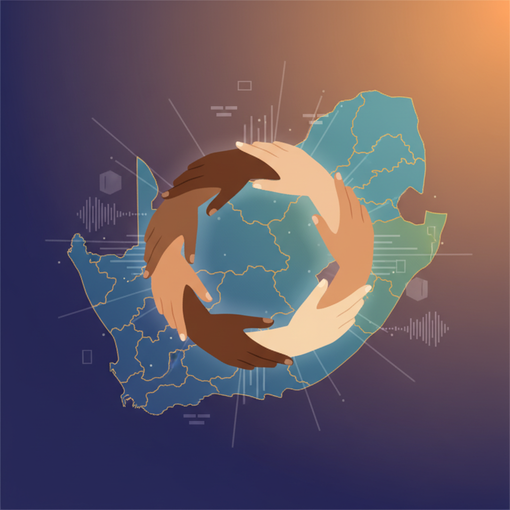 A conceptual infographic of South Africa's diverse population coming together, with hands of different colors gently touching in the center, against a subtly textured map of South Africa in the background. Style: clean infographic, modern layout, high contrast. No visible text.
