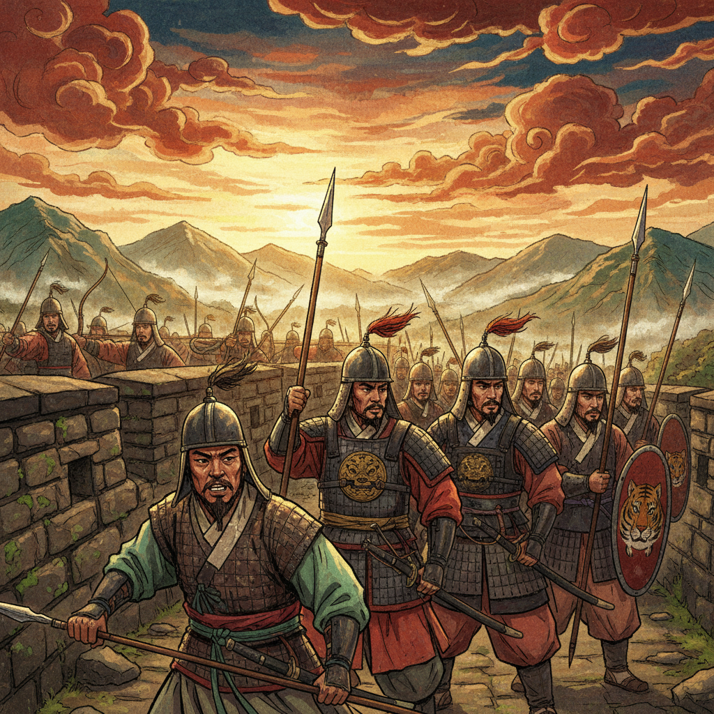 illustration, artistic rendering, textured background, Joseon soldiers inside Namhansanseong fortress preparing for battle, showing determination and resilience. Korean appearance, centered focus, bright lighting, visually rich, no empty margins, colored background.