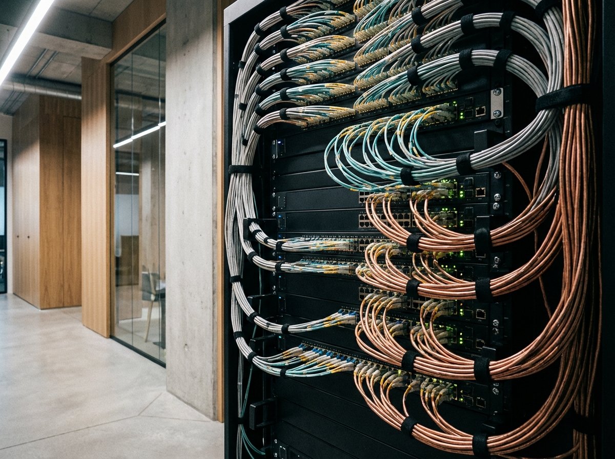 A professional networking switch with many ports and cables connected, modern office infrastructure, clean lines, high contrast background, no text, 4:3