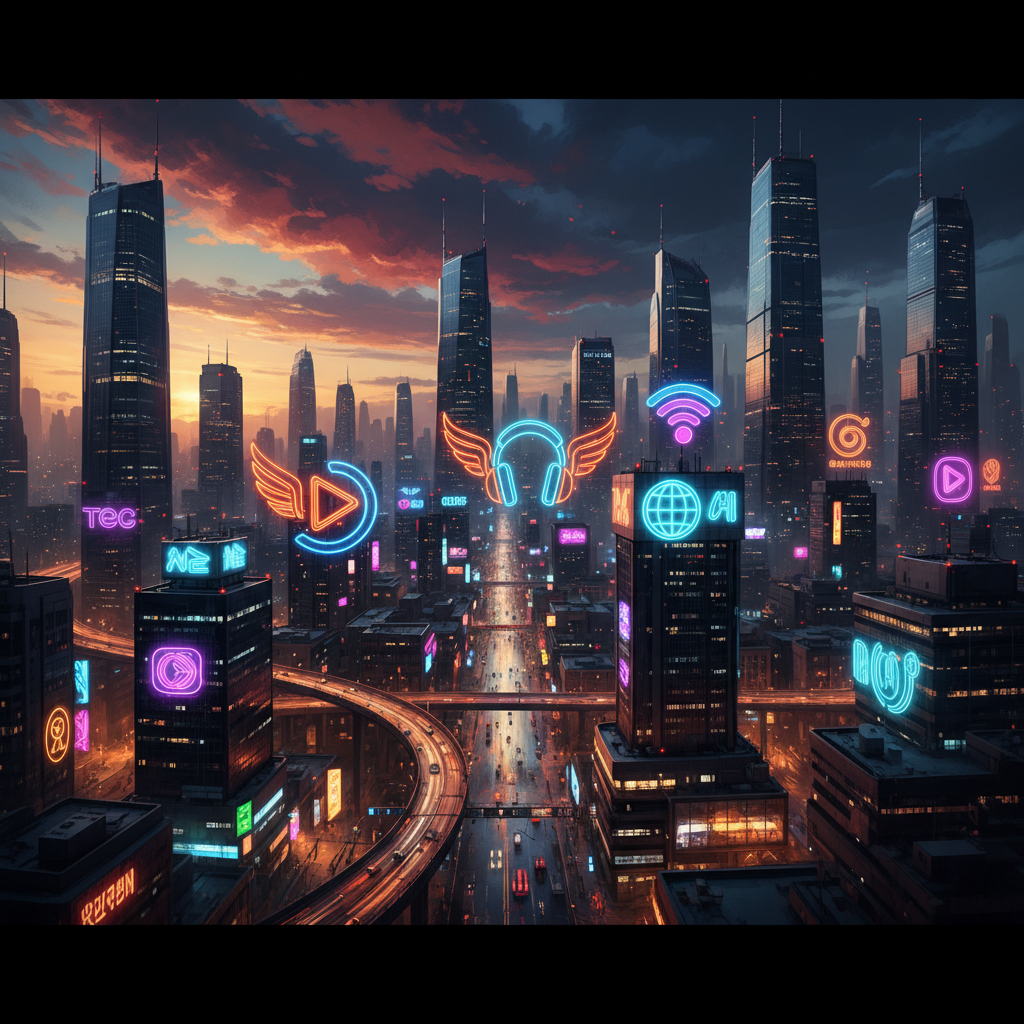 A cinematic cityscape with glowing neon signs representing streaming and media industry, warm lighting, high contrast, colored background, Korean setting vibe, no text