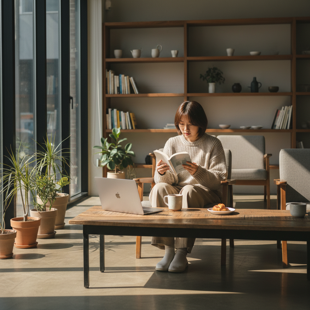 A Korean person sitting in a cozy modern cafe, reading a book while a laptop is open on the table, soft sunlight filtering through windows, lifestyle photography, natural and warm setting, no text