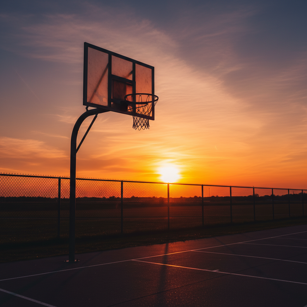 An outdoor basketball hoop silhouetted against a beautiful sunset sky, rich warm tones, peaceful yet powerful mood, high quality photography, no text