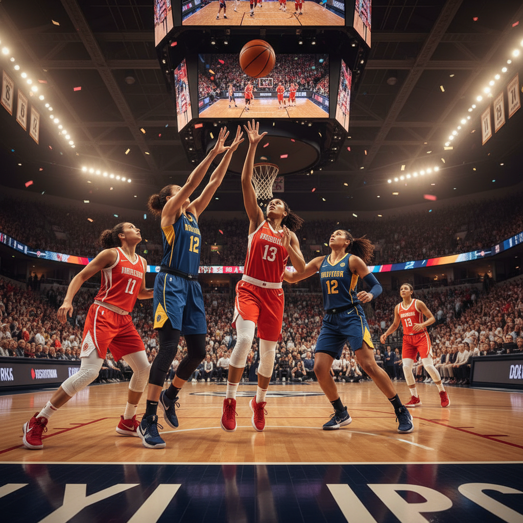 A dynamic scene of professional female basketball players in a high-energy game at a packed stadium, warm lighting, vibrant colors, cinematic composition, no text