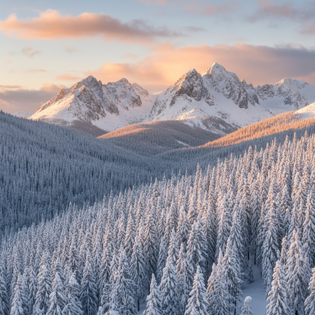 A serene winter scene of Durmitor National Park, snow covered pine trees and sharp mountain peaks, soft golden hour lighting, peaceful atmosphere, high quality photography, no text