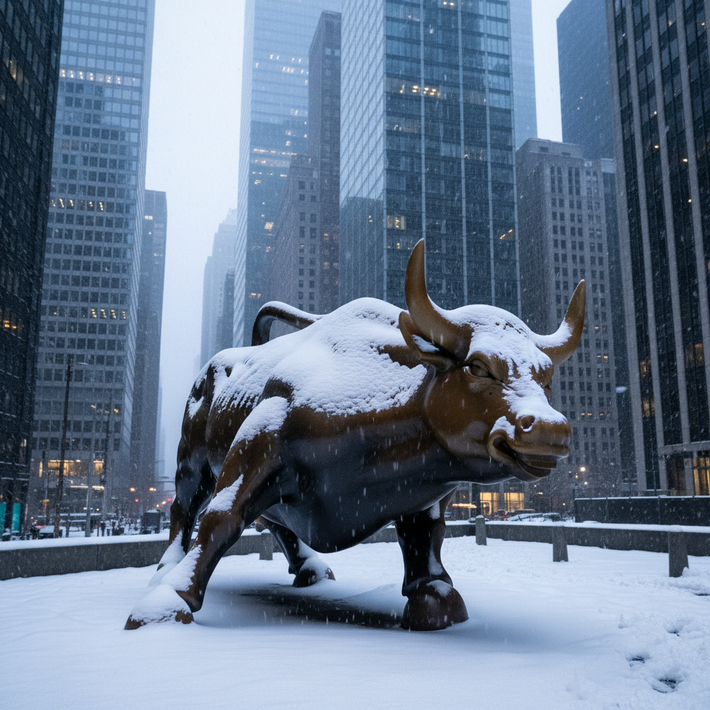 A snowy Wall Street Bull statue with corporate buildings in the background, cinematic lighting, modern professional atmosphere, high contrast, no text