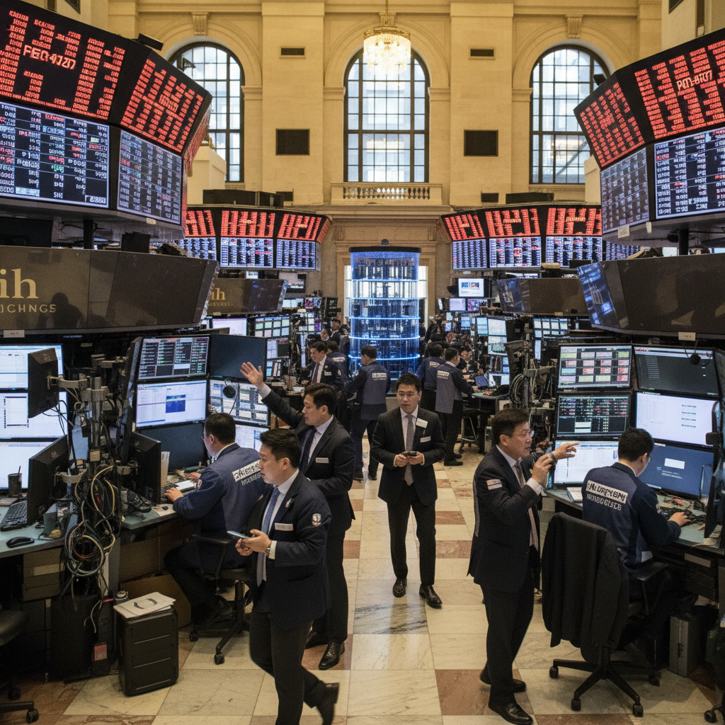 Traders working on the busy floor of the New York Stock Exchange, high energy, professional atmosphere, warm indoor lighting, modern financial setting, Korean appearance people included, no text