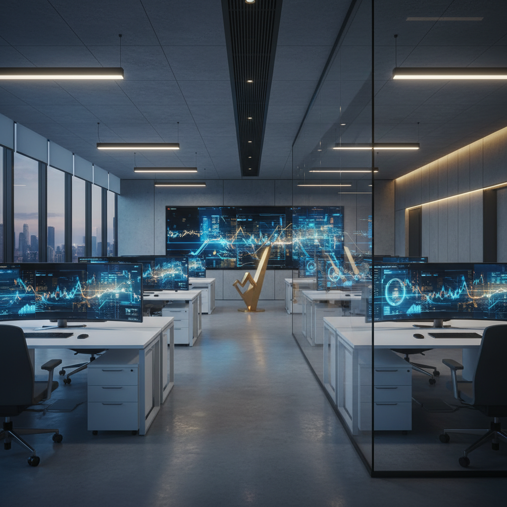 Modern business office with digital financial data screens, clean layout, blue and gold color scheme, professional atmosphere, no text