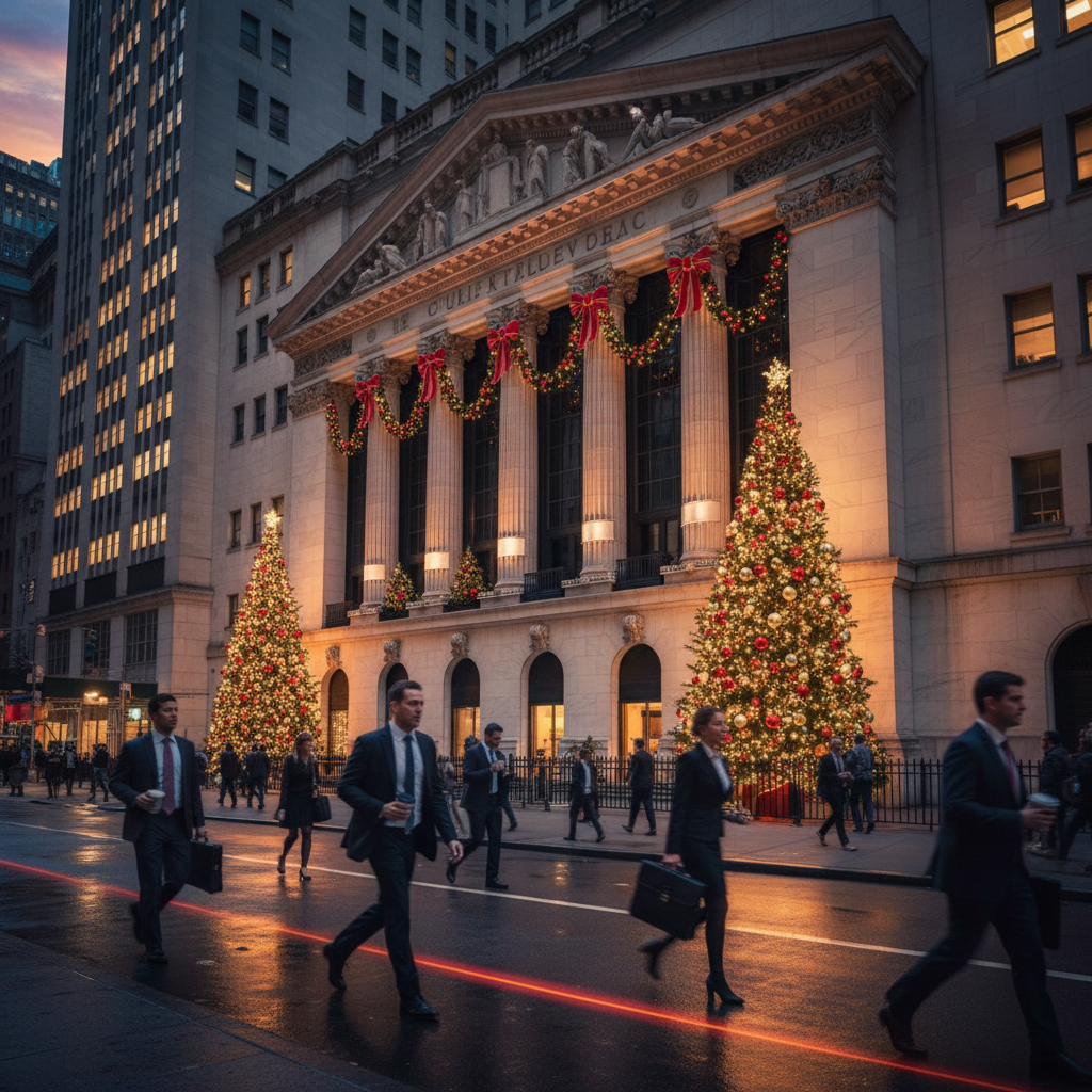 The exterior of the New York Stock Exchange building with festive decorations, business people walking by, professional architectural photography, rich colors, vibrant atmosphere, no text