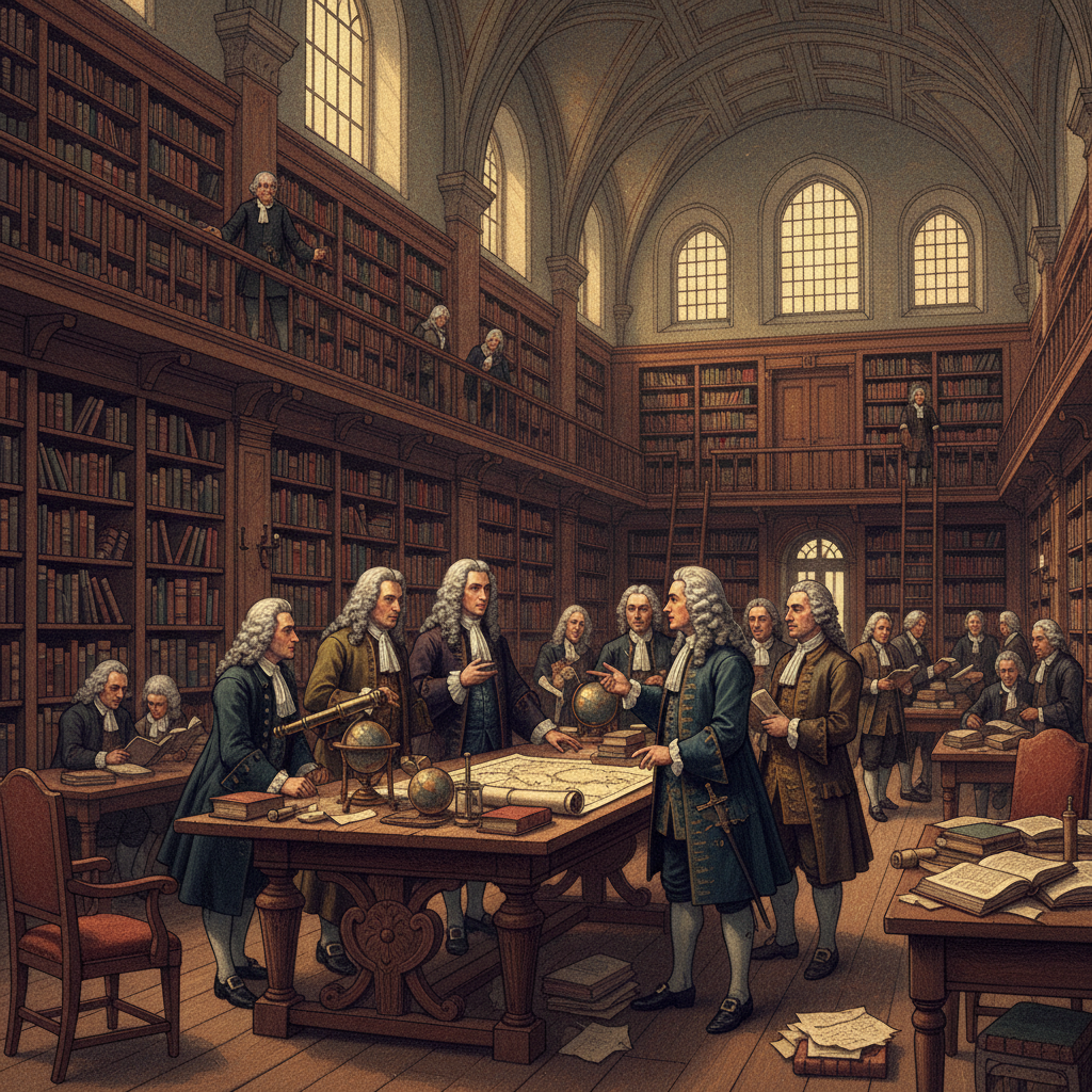Illustration of Isaac Newton in conversation with other scholars, exchanging ideas in a bustling library, historical setting, artistic rendering, textured background, no text
