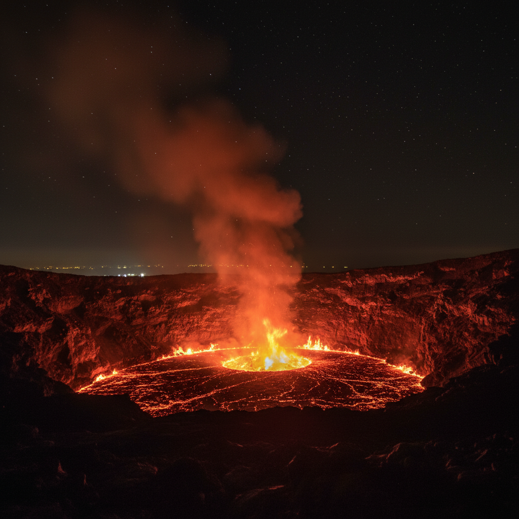 A dramatic night view of Nyiragongo volcano's active lava lake, glowing red and orange against the dark sky, steam and smoke rising, textured background, no text, 4:3 aspect ratio