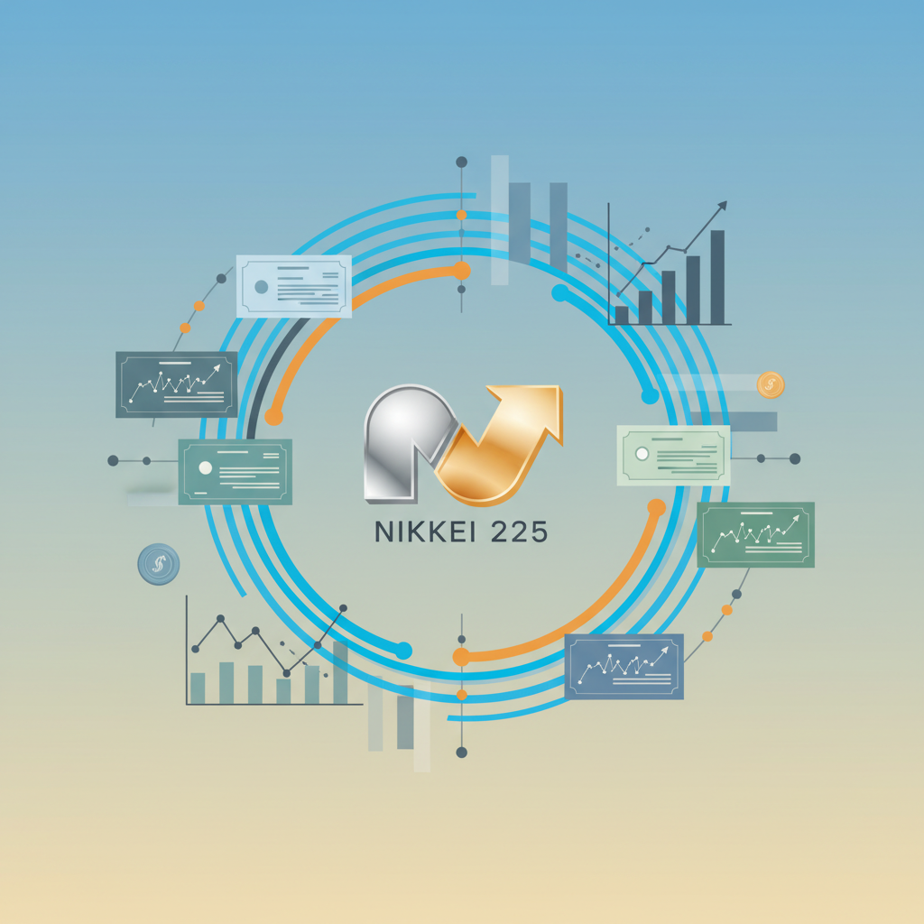 A collection of financial instruments and symbols representing the Nikkei 225 index and investment. Include miniature stock certificates, an abstract interpretation of the Nikkei logo, and subtle indicators of market activity. Style: modern, clean infographic. Background with a subtle gradient, centered composition. No text or numbers allowed.