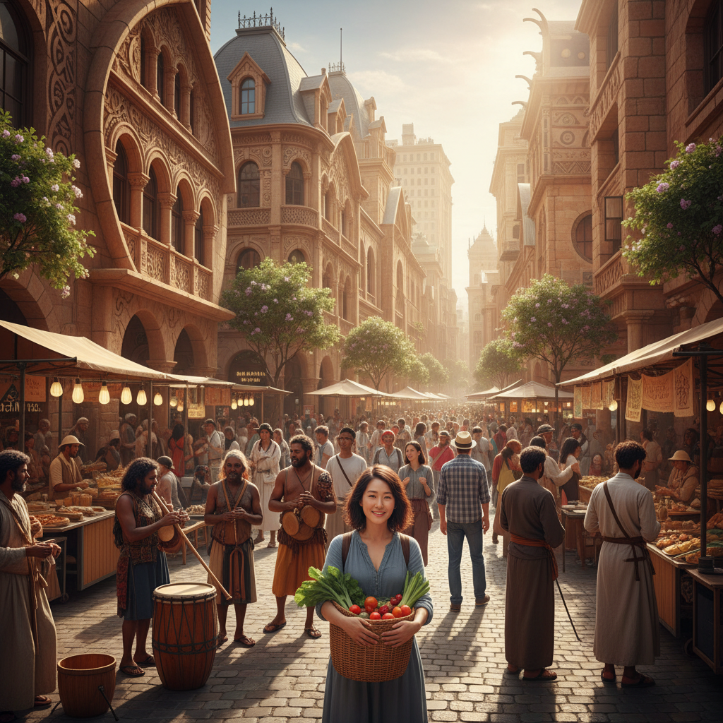 lifestyle photography, warm lighting, natural setting, a bustling, vibrant cityscape in Australia, showing a blend of European and indigenous architectural styles and diverse cultural elements in the street scene. People of various backgrounds coexisting. No visible text in image. Korean appearance, natural expression. Centered focus, visually rich, no empty margins. Bright, balanced lighting.