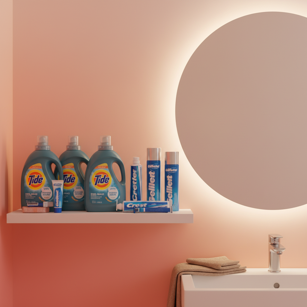 A clean and modern bathroom setting with various Procter & Gamble products like Tide, Crest, and Gillette neatly arranged, lifestyle photography, warm lighting, colored background, no text, 4:3 aspect ratio