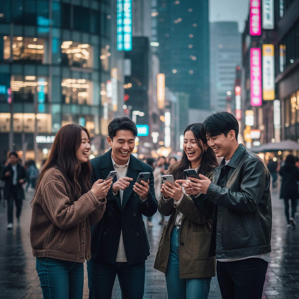 Lifestyle photography of diverse Korean people on their smartphones, laughing and sharing, with a modern urban background, rich in color, no visible text