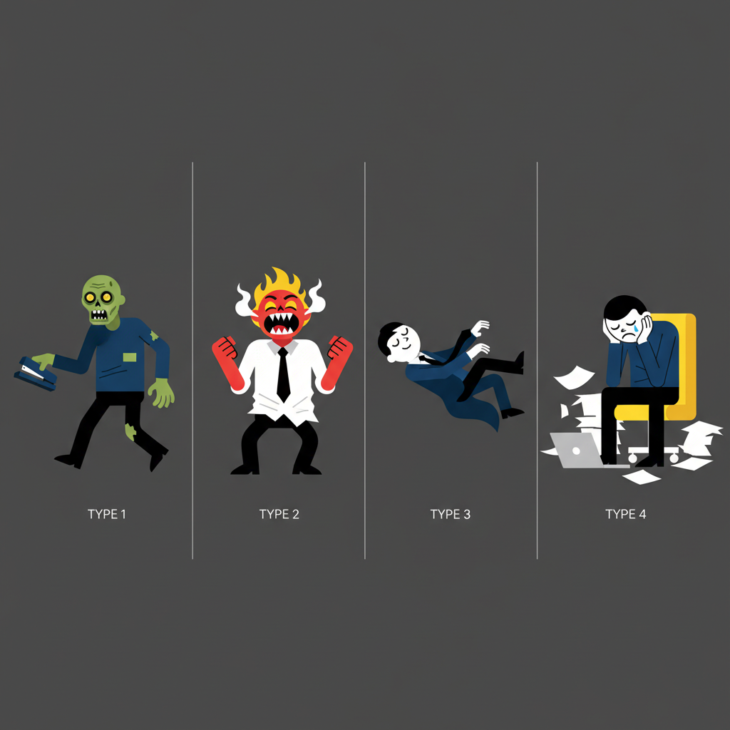 A clean infographic showing four different types of " 데낄라출근" with illustrative characters: a zombie-like worker, an angry worker, a floating worker, and a resigned worker. Style: clean infographic, modern layout, high contrast. No text.