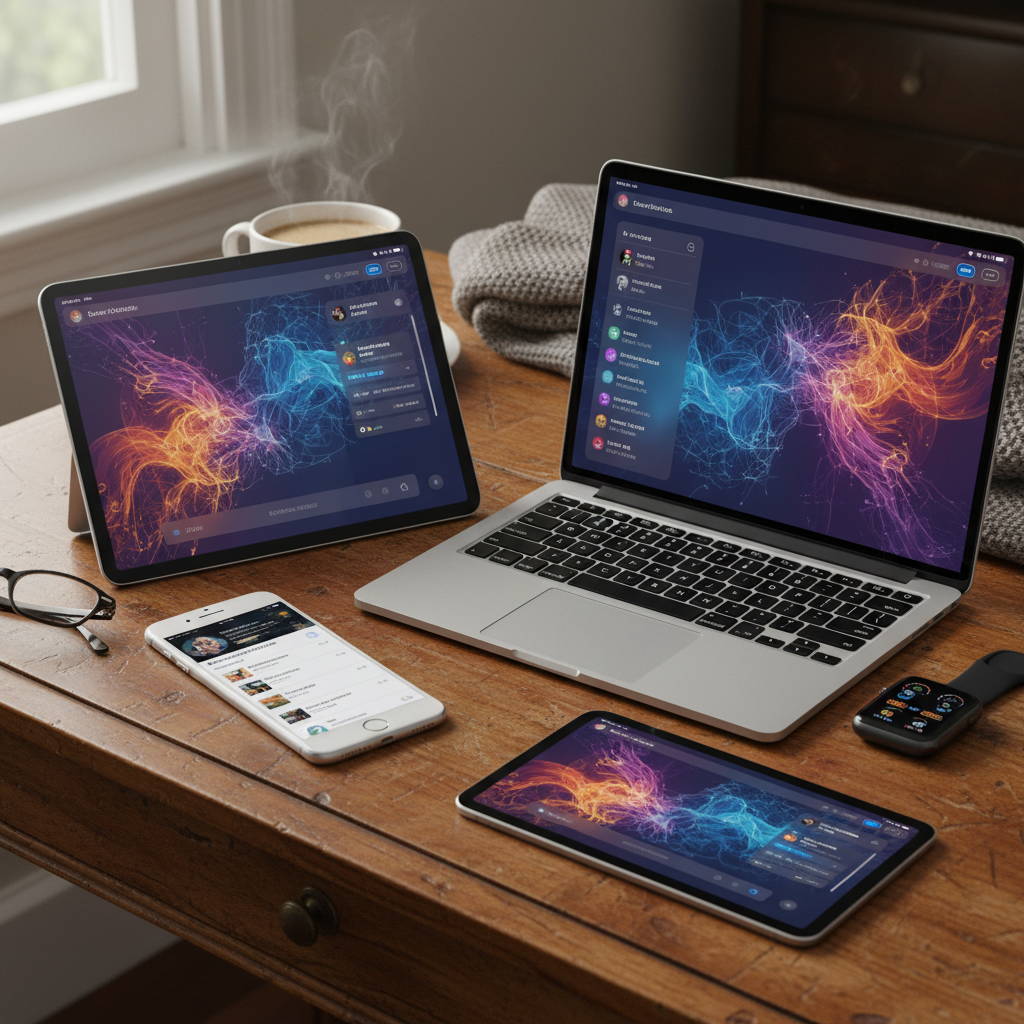 Realistic depiction of advanced AI interfaces seamlessly integrated into various Apple devices like iPhone, iPad, Mac, and Apple Watch, showing intuitive control and personalized content, lifestyle photography style, rich textured background, no text