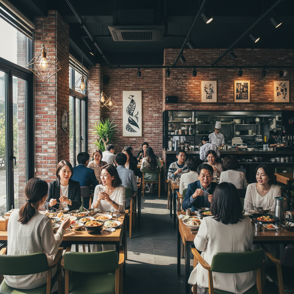 A diverse group of Korean people enjoying a meal at a casual dining restaurant, bright and cheerful atmosphere, high contrast, modern layout, no text