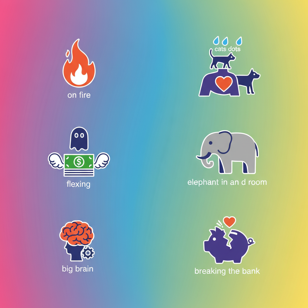 An illustration featuring various modern slang and traditional idioms represented as minimalist icons, with a vibrant gradient background, artistic rendering, no text.