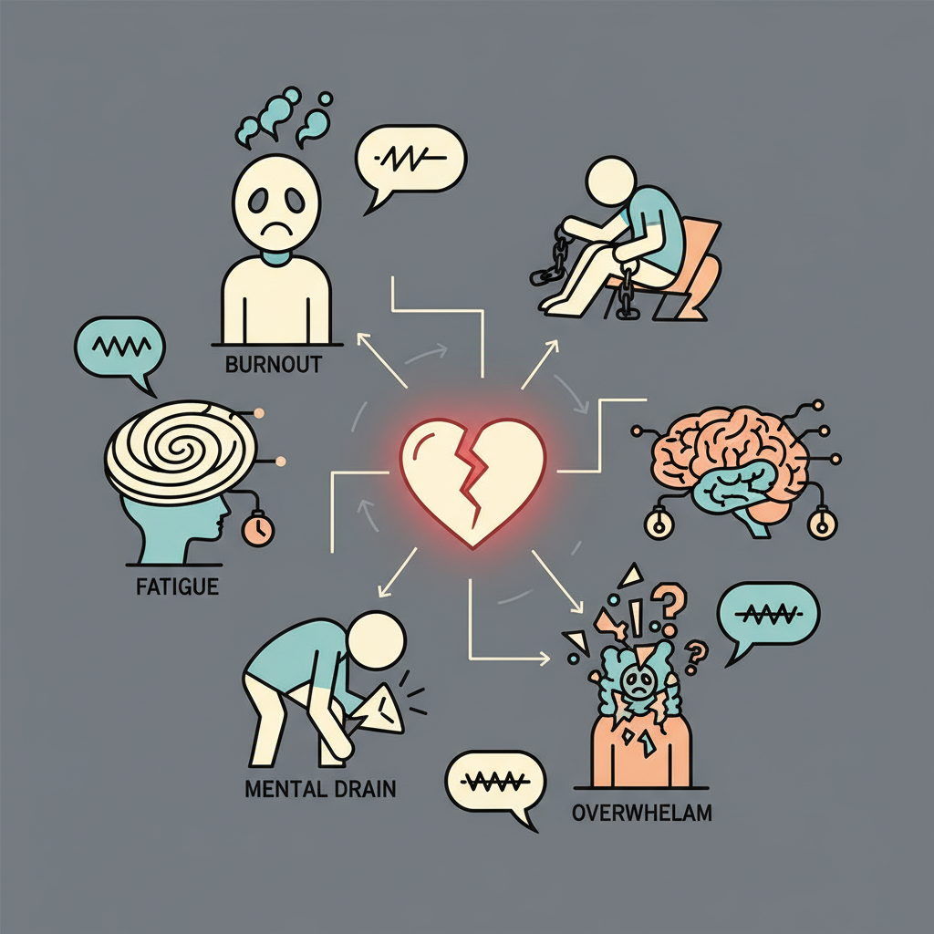 A dynamic infographic with various emotional icons and speech bubbles, illustrating different expressions of exhaustion and stress, such as burnout, fatigue, mental drain, and overwhelm. Colors are muted with strong contrasts. Style: clean infographic, modern layout, high contrast. No text.