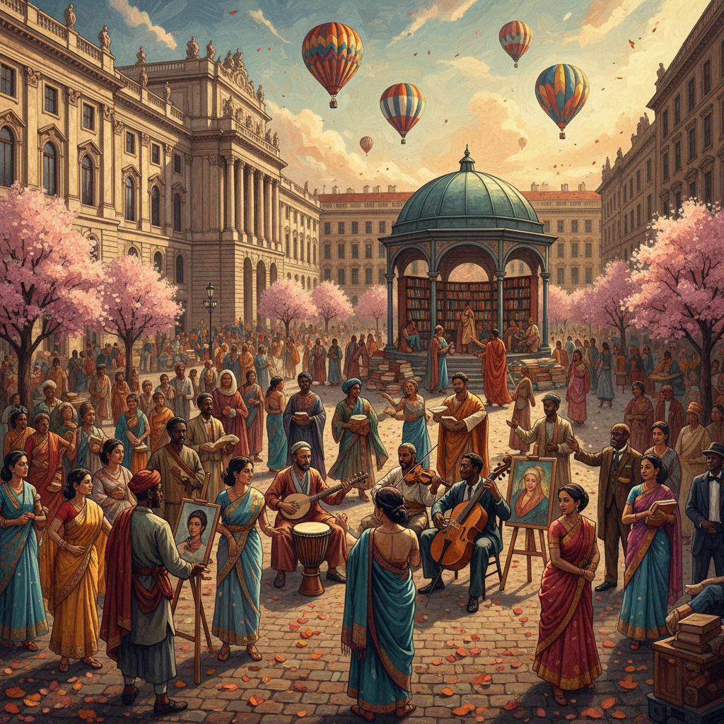 An artistic rendering illustration showing a vibrant cultural scene in a grand city, possibly Vienna, where people of diverse backgrounds are enjoying arts, music, and intellectual discourse, symbolizing a cultural renaissance born from integration. Style: illustration, artistic rendering, textured background. No visible text.