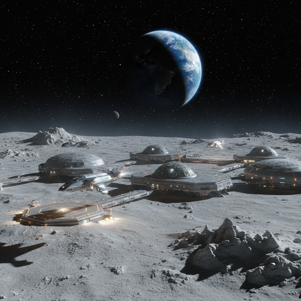 A futuristic moon base with sleek spacecraft landing on the lunar surface, Earth visible in the black sky, cinematic lighting, 3D artistic rendering, textured background, no text